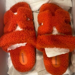 Hermes Orange Shearling Fuzzy Chypre Sandals - Size 40